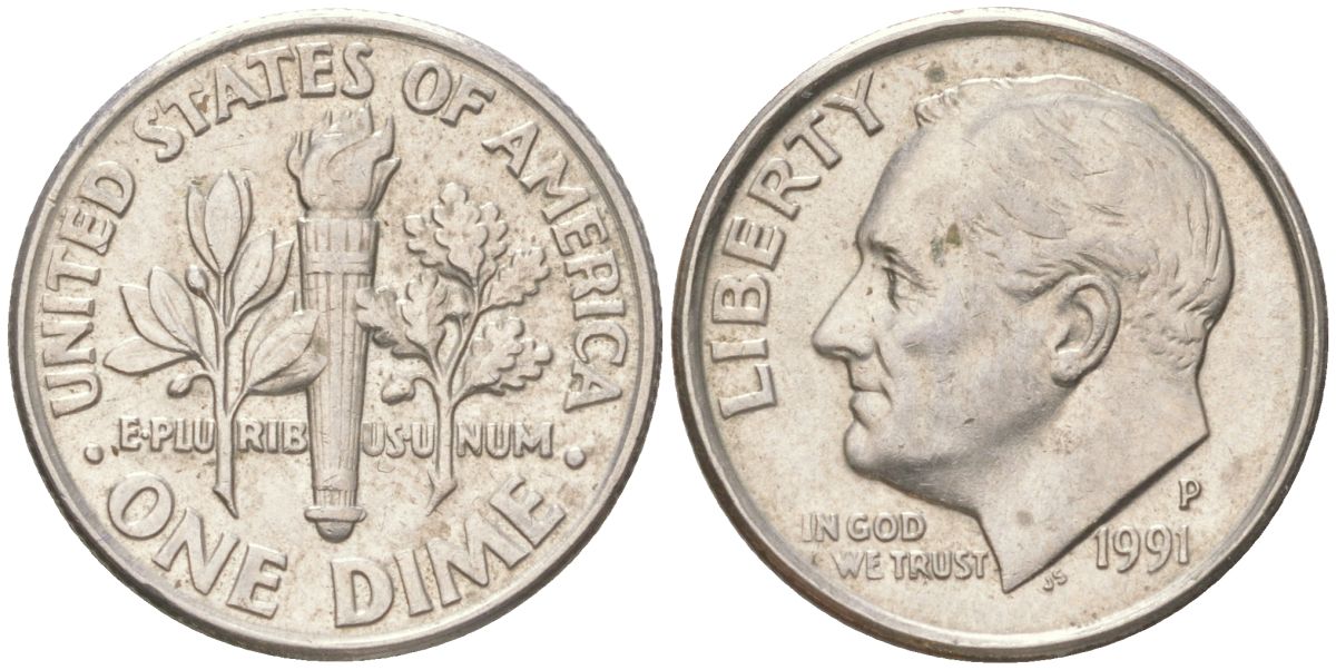 США 10 центов (дайм) 1991 P, Рузвельт KM 195a медь плакированная медно-никелем 4613-825