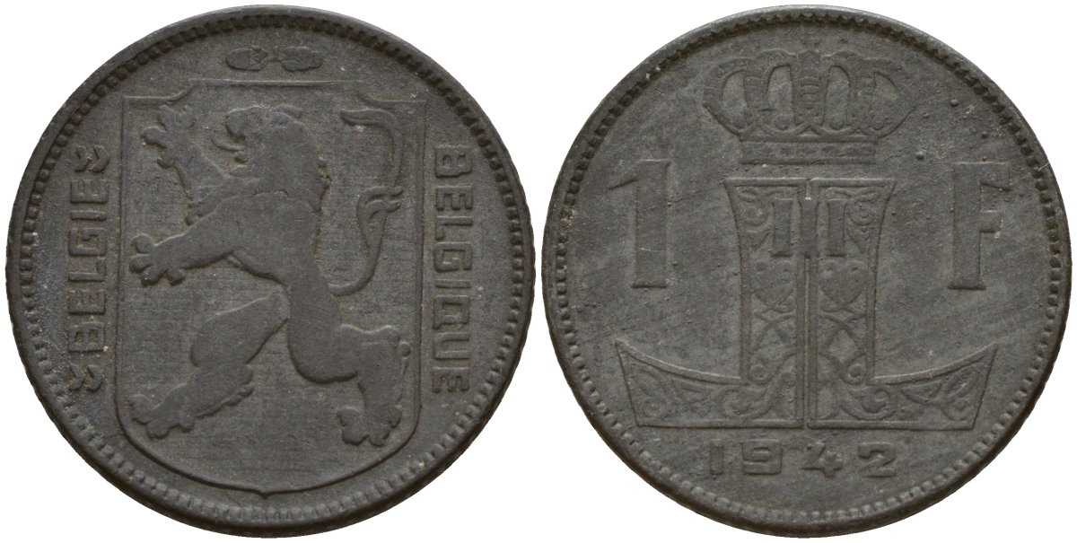 Бельгия 1 франк 1942 Belgique - Belgie, Леопольд III (1934-1947), германская оккупация, Вторая мировая война KM 127 цинк 4161-456