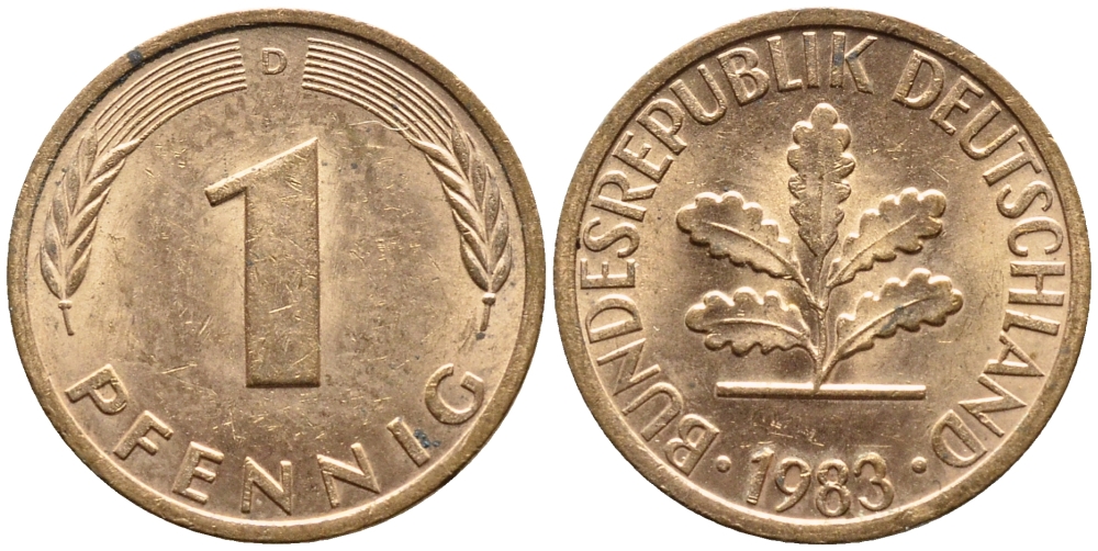 ФРГ 1 ПФЕННИГ 1983 D КМ 105 J.380 сталь плакированная медью 4392-1026
