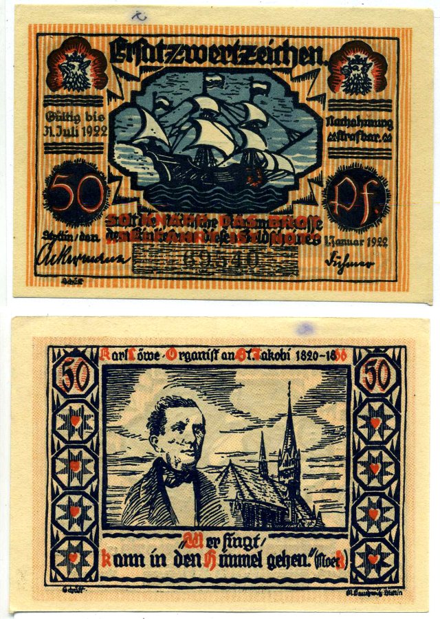 Штеттин 50 пфеннигов 1921 1 Июля 1921 - 31 марта 1922, нотгельд, земля Померания Grabowski 1270.2 бумага 2196-5-1-1