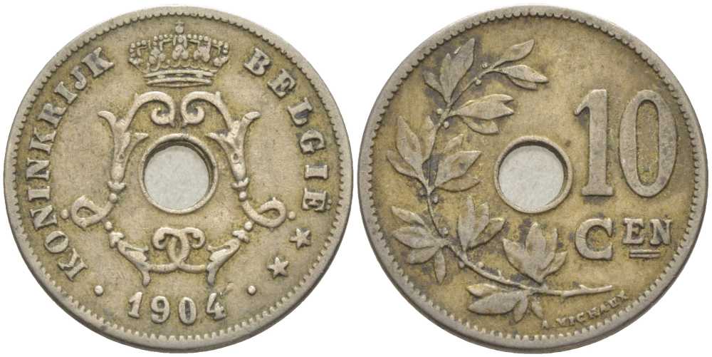 БЕЛЬГИЯ 10 САНТИМОВ 1904 BELGIE, ЛЕОПОЛЬД II (1865-1909) KM 53 медно-никель 119-327