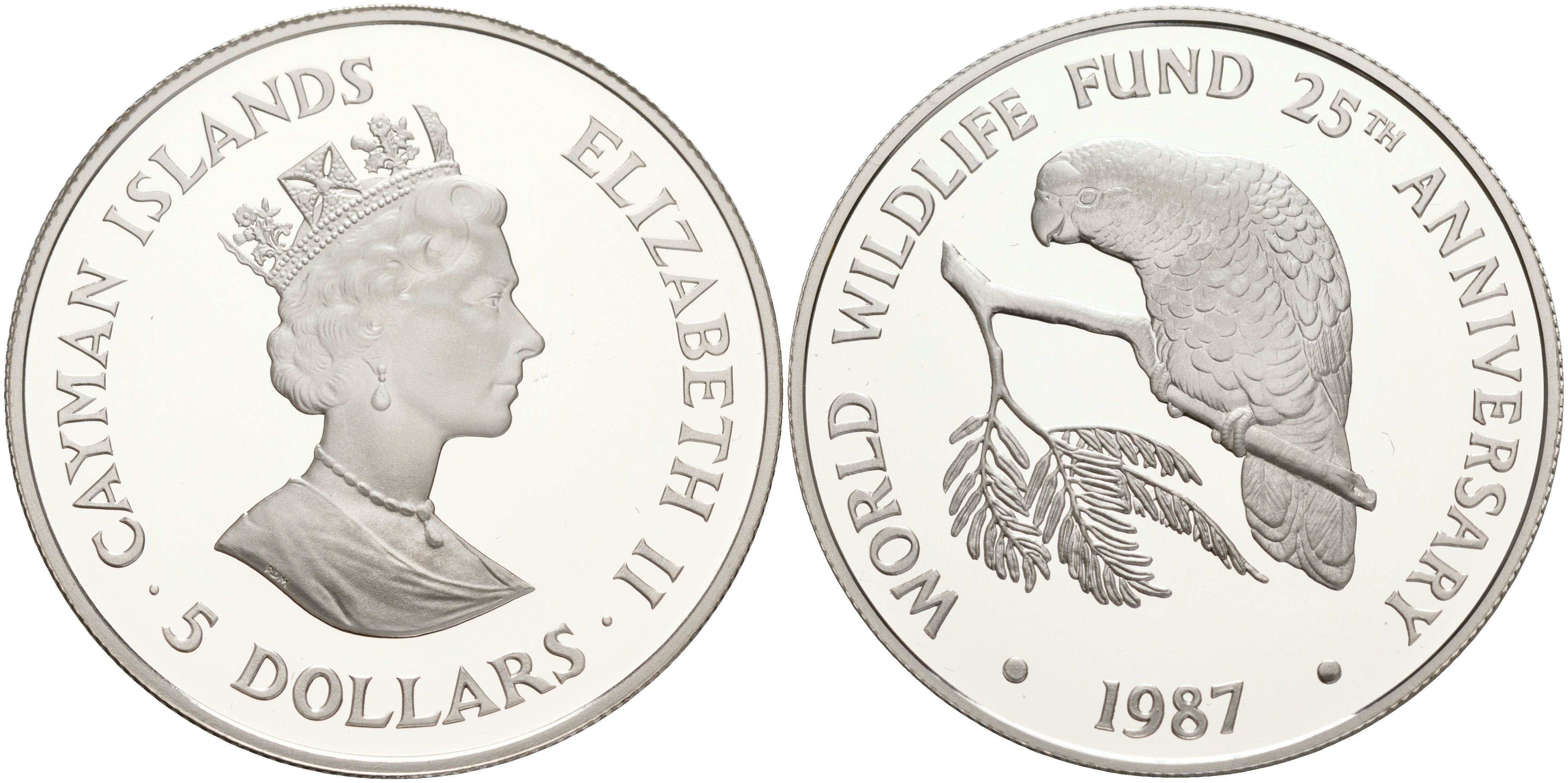 Каймановы острова 5 долларов 1987 серия 25 лет защиты окружающей среды, попугай, Cuban Amzon KM 95 серебро PROOF 02-263-13