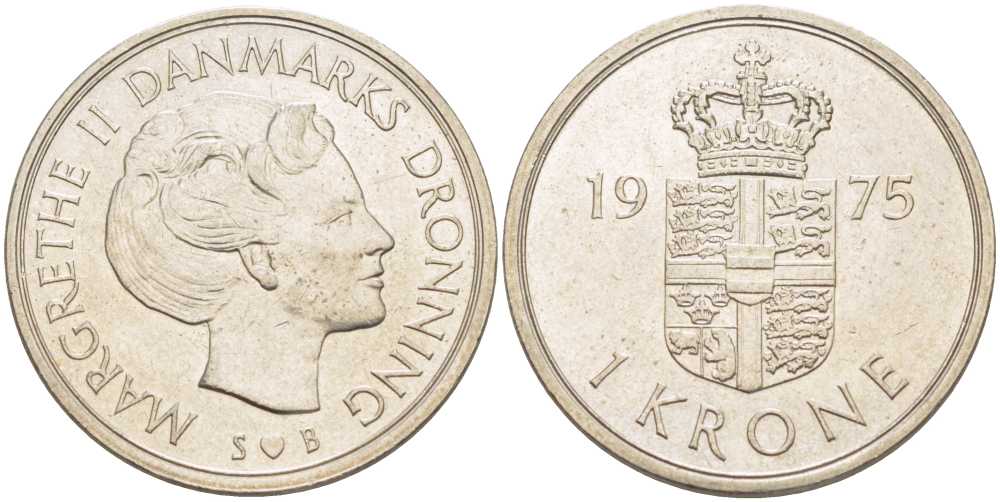Дания 1 крона 1975 S; B, Маргрете II (1972-) KM 862.1 медно-никель 202-826