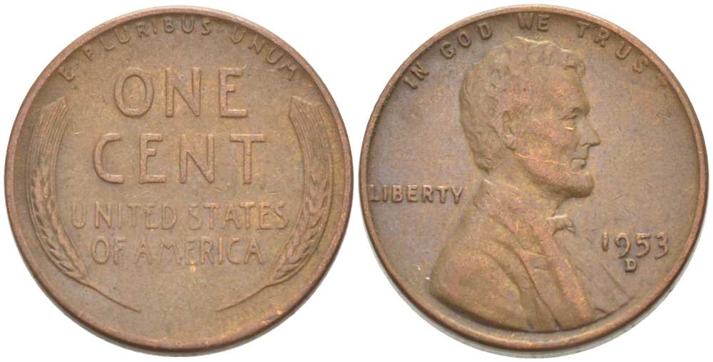 США 1 ЦЕНТ 1953 D, ЛИНКОЛЬН KM А132 медь цинк 218-253