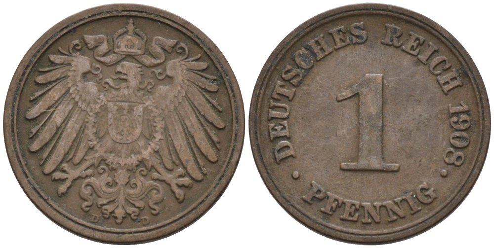 Германия 1 пфенниг 1908 D KM 10, J. 10 медь 4567-1269