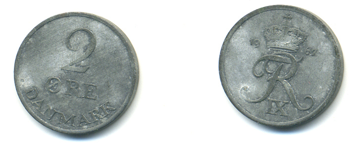 ДАНИЯ 2 ЭРЕ 1967 C; S, ФРЕДЕРИК IX (1947-1972) KM 840.2 цинк 176-534