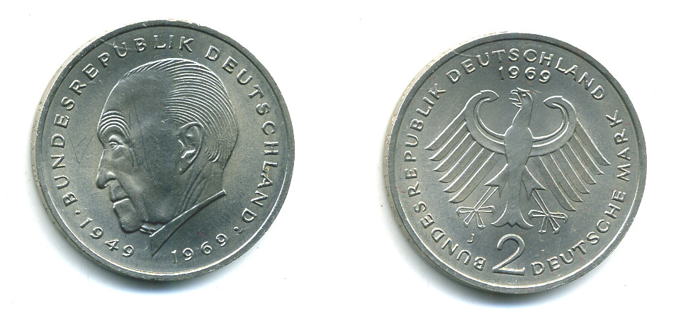 ФРГ 2 МАРКИ 1969 J, КОНРАД АДЕНАУЭР KM 124, J. 406 медно-никель плакированный никелем плакированный никелем UNC 53-1213