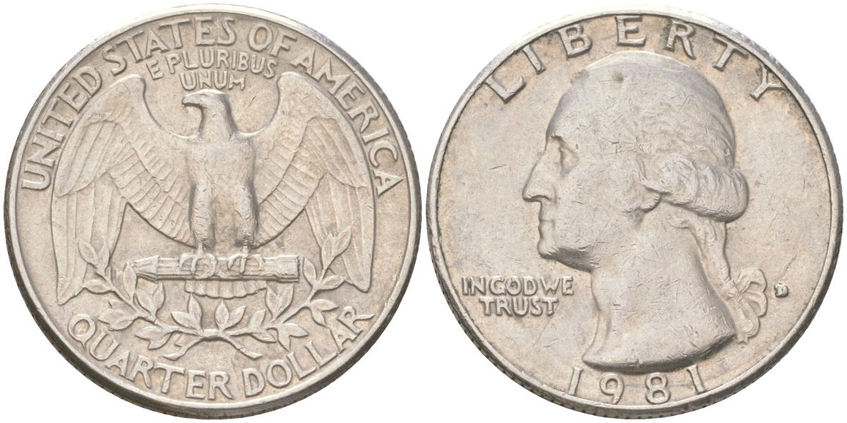 США 25 центов = квотер = 1/4 доллара 1981 D, Вашингтон KM 164a медь плакированная медно-никелем 4159-541