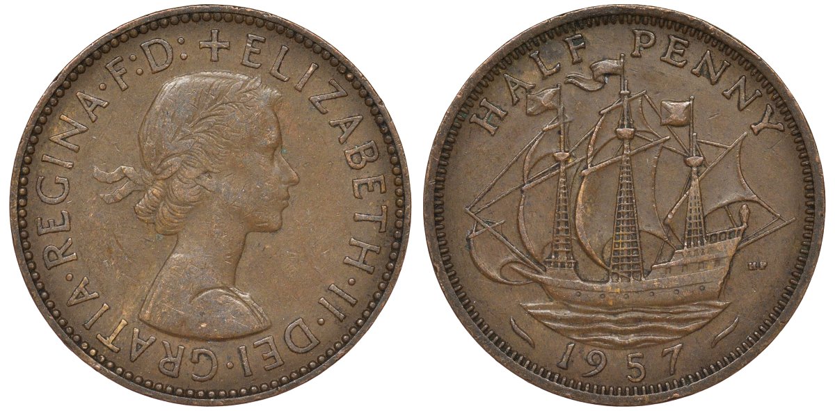 Великобритания 1/2 пенни 1957 Елизавета II (1952-2022) KM 896, Spink 4158 бронза 4122-244