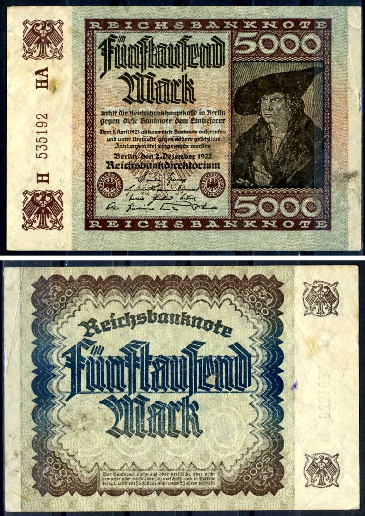 Германия 5000 марок 1922 2 декабря 1922, водяной знак I, серия HA, буква H Pick 81 c бумага 8589-38-1-2