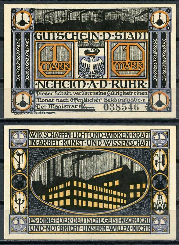 Германия, Нихайм на Руре 1 марка ND нотгельд, городские виды бумага UNC (пресс) 00-00