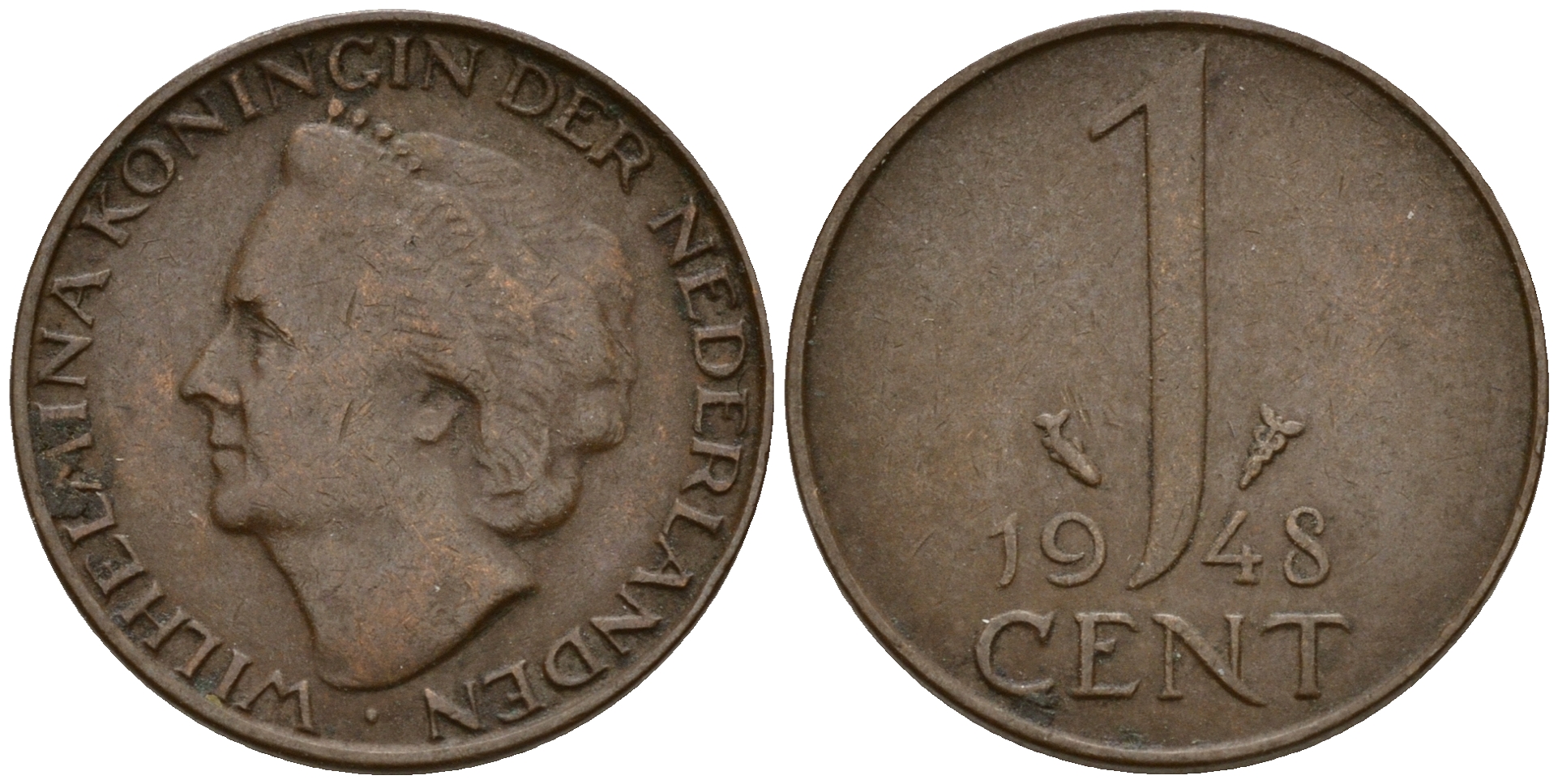 Нидерланды 1 цент 1948 Вильгельмина (1890-1948), год тип KM 175 бронза  4598-138