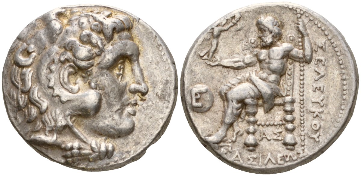 Государство Селевкидов тетрадрахма 282 - 281 гг. до н.э. Селевк I Никатор, голова Александра Великого (Селевка ?) в виде Геракла в львином скальпе / "ЦАРЯ СЕЛЕВКА", Зевс на троне, держит Нику, г. Сарды, 17,30 г, серебро 00-000-00