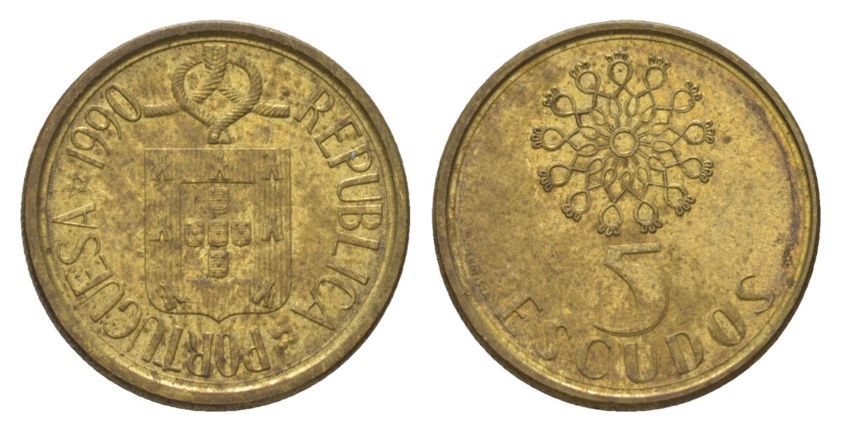 Португалия 5 эскудо 1990 KM 632 никель латунь 4625-1049