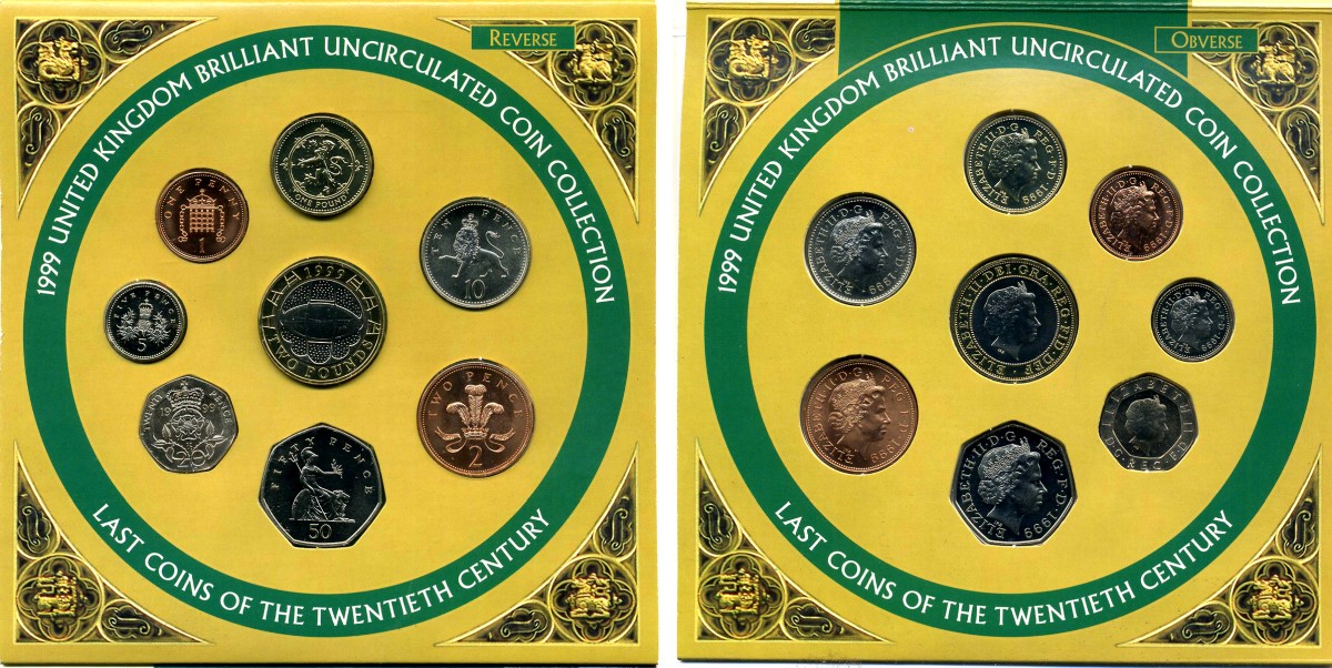 Великобритания годовой набор из 8 монет 1999 чемпионат мира по регби, оригинальный набор в картонном буклете BUNC 5-4-4-22