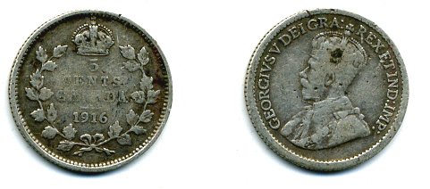КАНАДА 5 ЦЕНТОВ 1916 ГЕОРГ V серебро 46-628