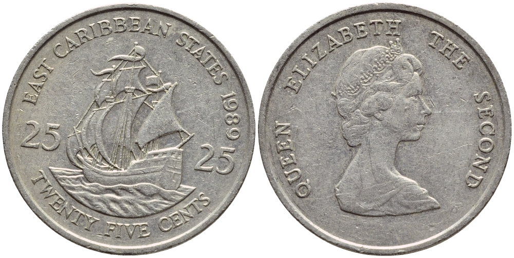 Восточно-Карибские штаты 25 центов 1989 Елизавета II (1952-2022), парусник KM 14 медно-никель 86-936