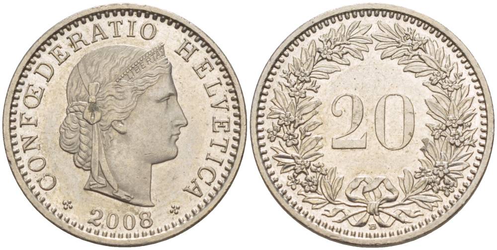 ШВЕЙЦАРИЯ 20 РАППЕНОВ 2008 В KM 29а медно-никель 4544-735