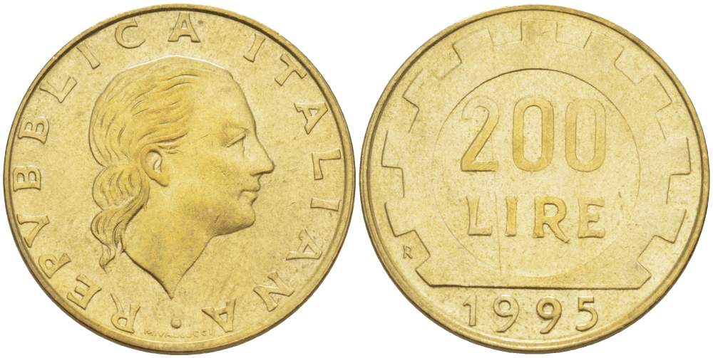 Италия 200 лир 1995 R, шестерня KM 105 алюминиевая бронза 4529-216