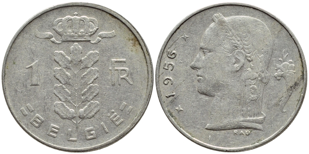 БЕЛЬГИЯ 1 ФРАНК 1956 BELGIE KM 143.1 медно-никель 4395-444