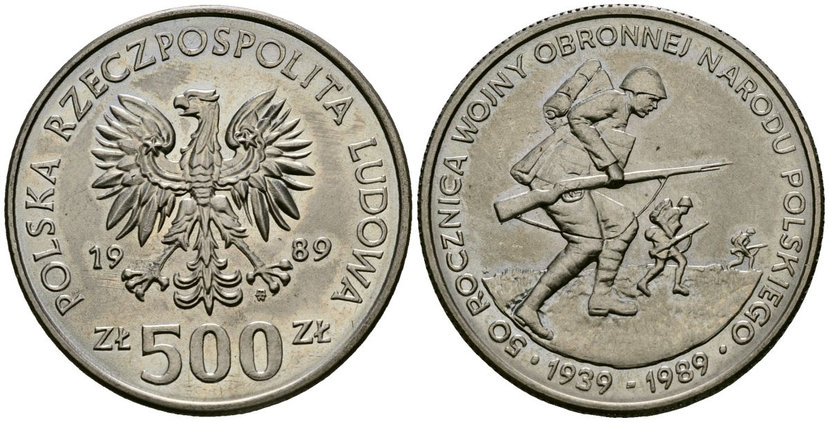 Польша 500 злотых 1989 MW, 50 лет начала второй мировой войны, поляки на фронтах KM 185, Parchimowicz 335 медно-никель 4168-923