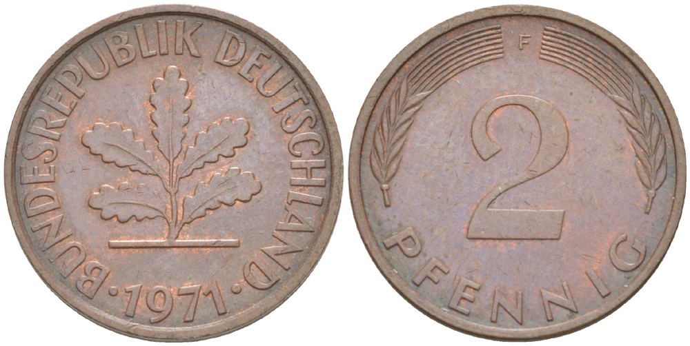 ФРГ 2 ПФЕННИГА 1971 F KM 106а, J. 381а сталь плакированная сталь плакированная медьюю 4181-765