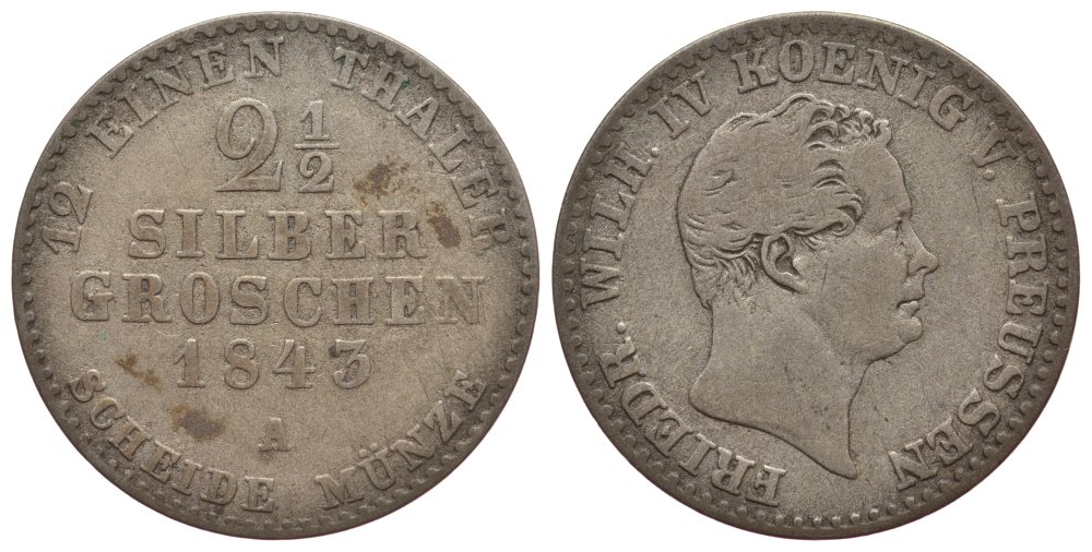 ПРУССИЯ 2 1/2 ГРОША 1843 A KM 444 серебро 1522-1115
