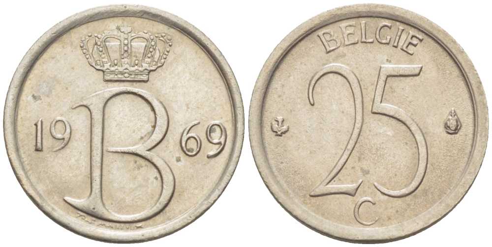 Бельгия 25 сантимов 1969 Belgie, Бодуэн I (1951-1993) KM 154.1 медно-никель 214-148