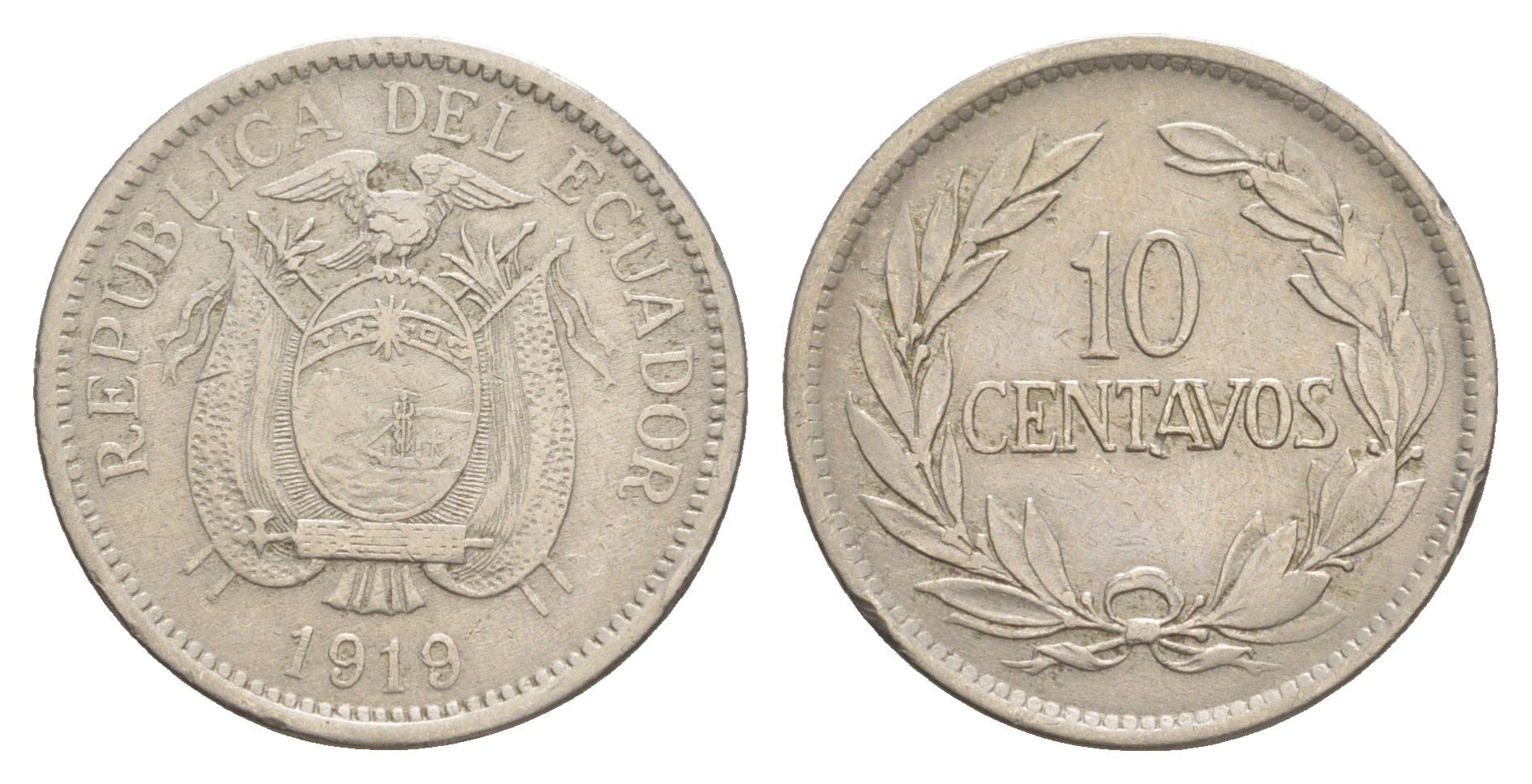 Эквадор 10 сентаво 1919 KM 64 медно-никель 4641-551