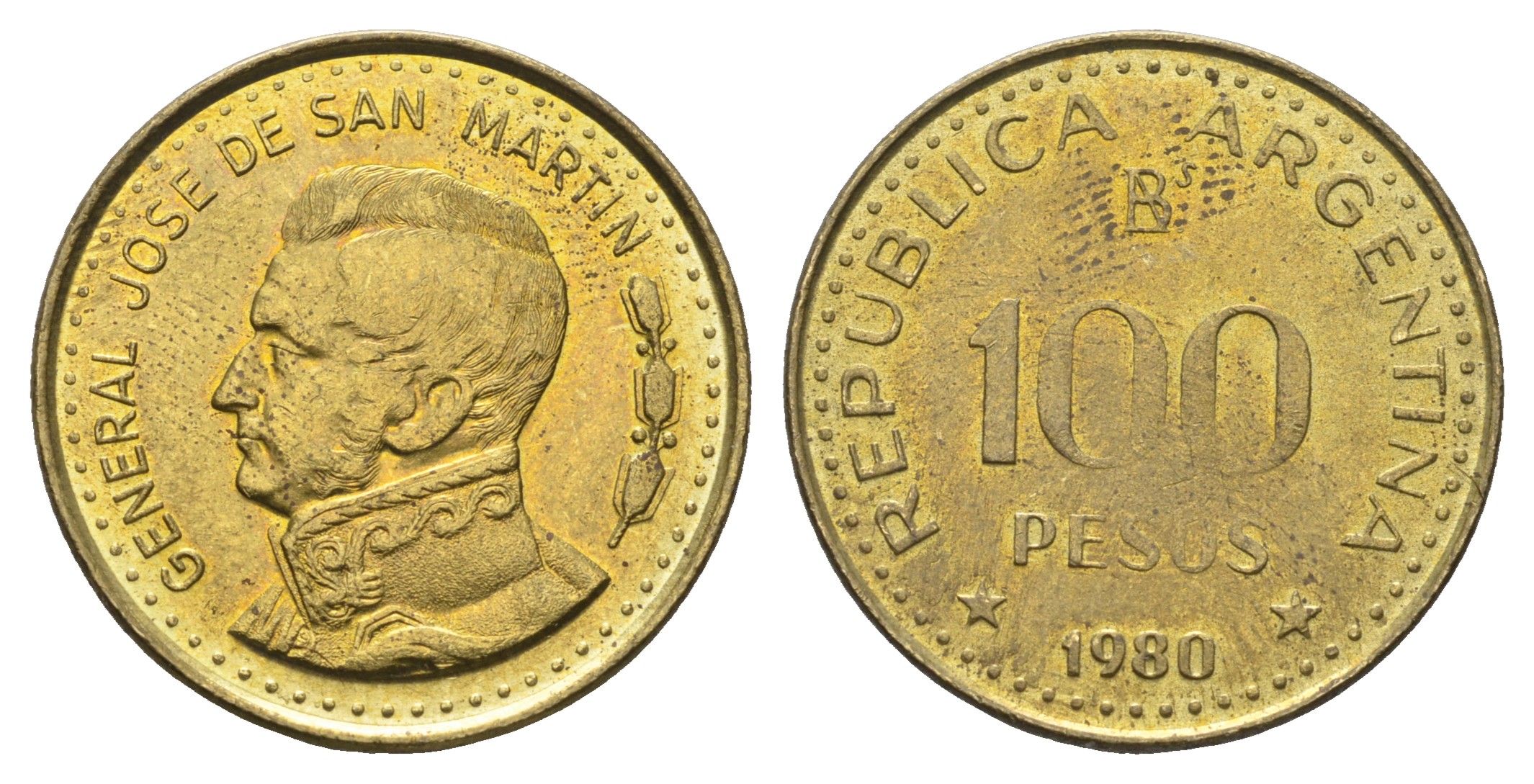 Аргентина 100 песо 1980 KM 85a сталь плакированная латунью aUNC 4663-712