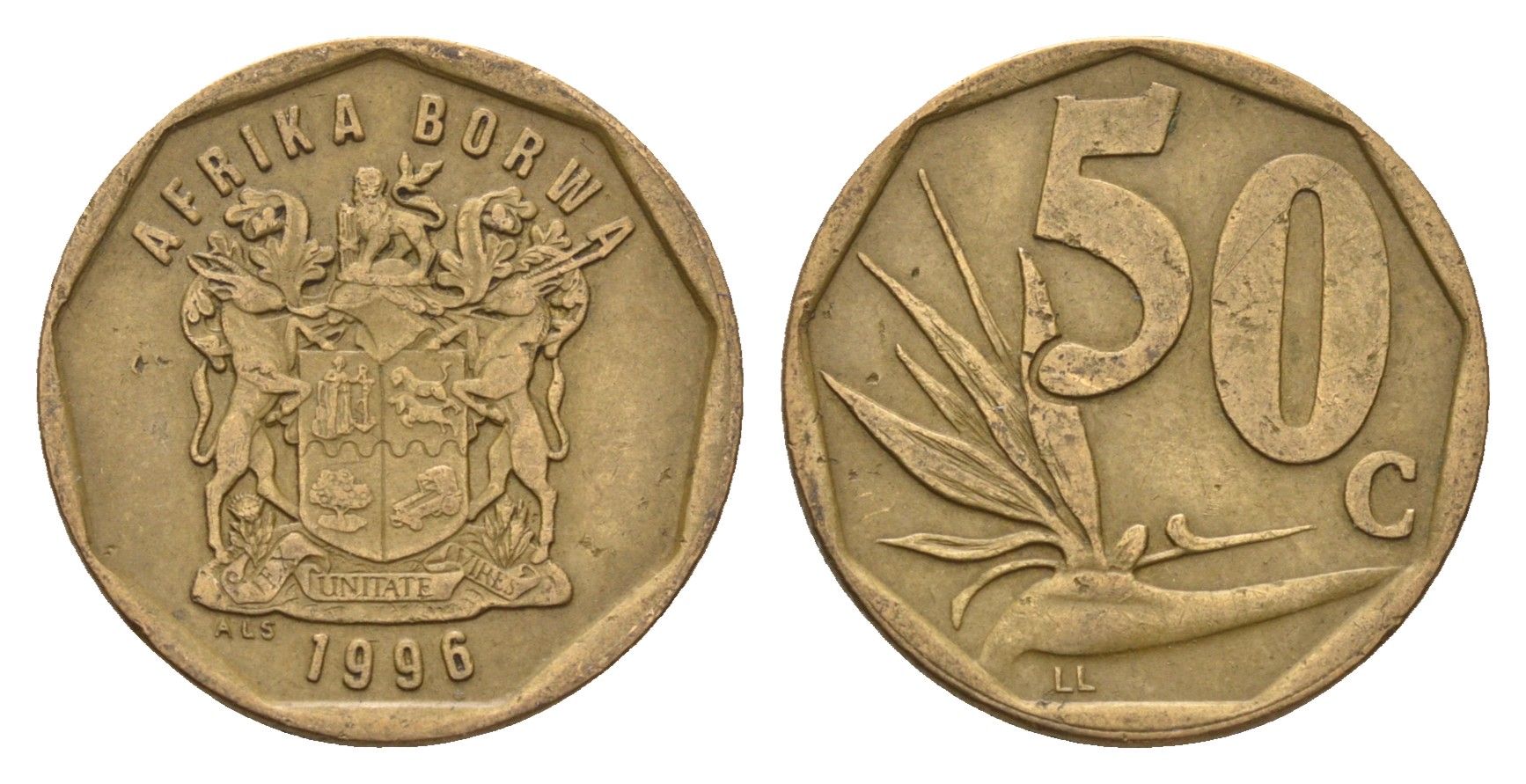 ЮАР 50 центов 1996 Зантедеския Эллиота (калла), герб KM 163 сталь плакированная бронзой 4687-724