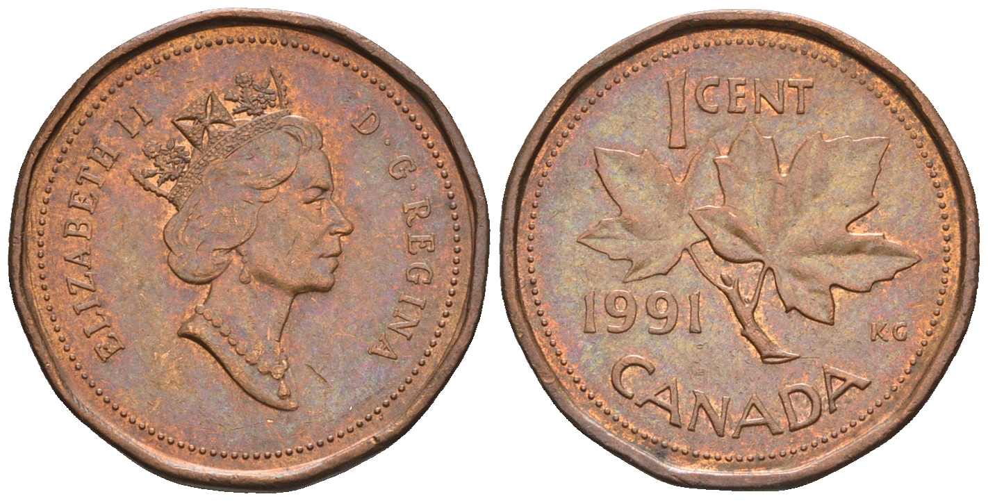 Канада 1 цент 1991 Елизавета II (1952-2022), кленовый лист KM 181 бронза 4609-236