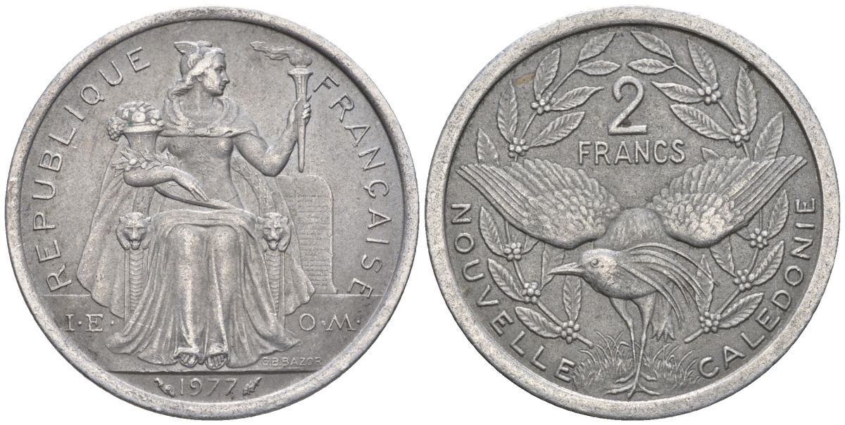 Французская Новая Каледония 2 франка 1977 птица кагу, (IEOM) KM 14, Schoen 11, Lec 58 алюминий    08-814