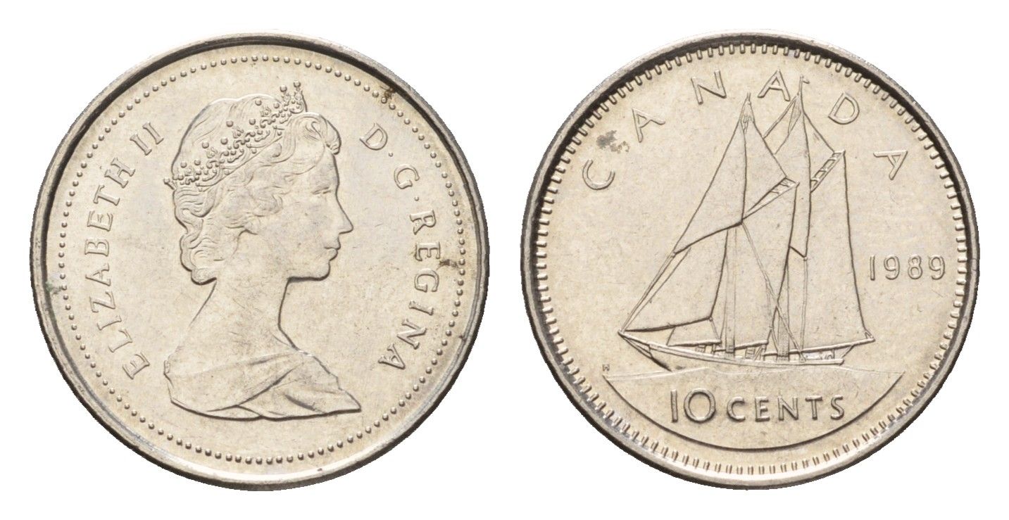 Канада 10 центов 1989 Елизавета II (1952-2022), парусник KM 77 никель 4689-562