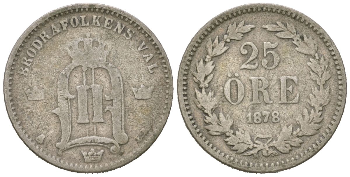 Швеция 25 эре 1878 EB, Оскар II (1872-1907) KM 738 серебро 44-114