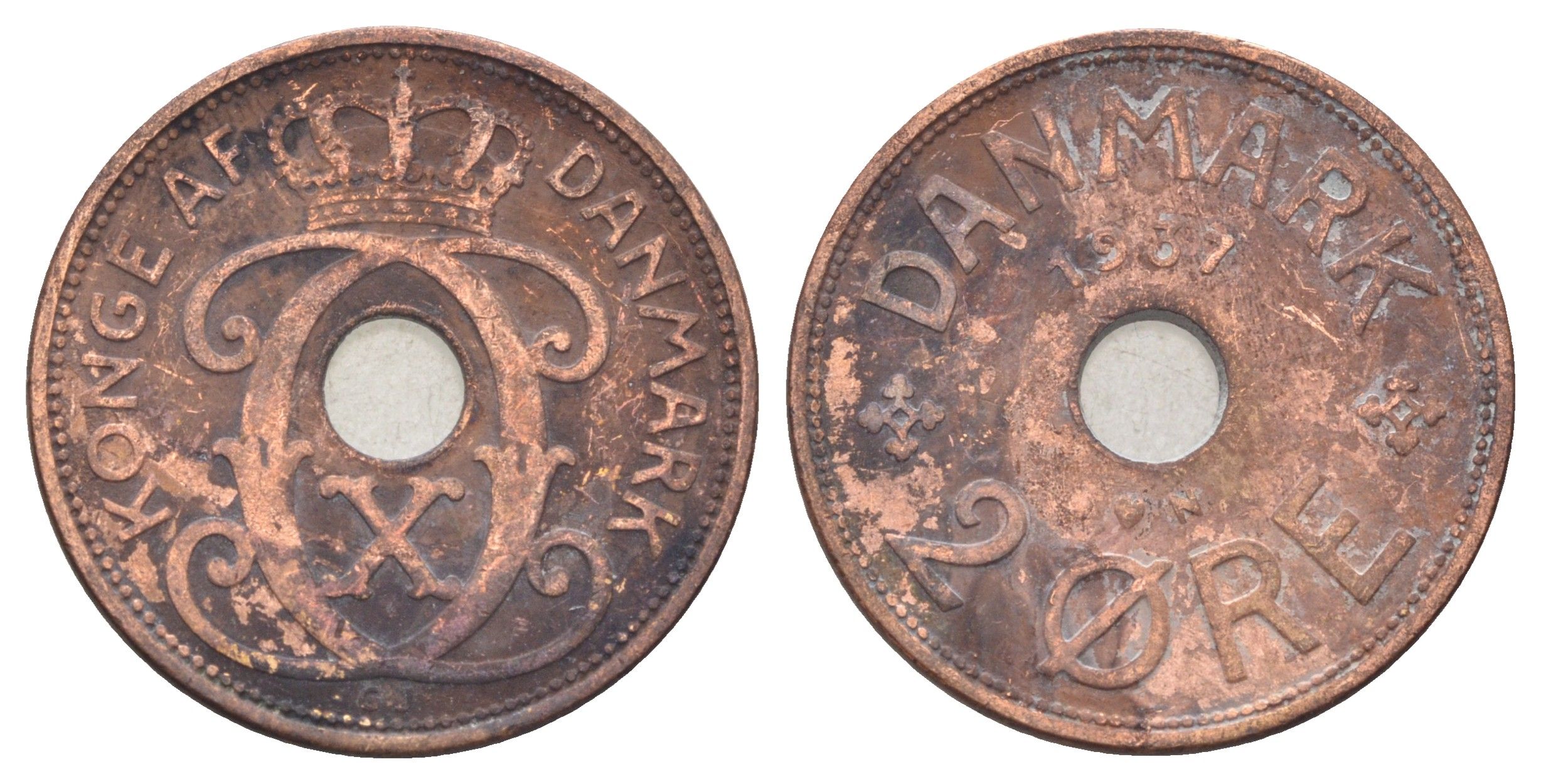 Дания 2 эре 1937 N, Кристиан X (1912-1947) KM 827 бронза 4701-856