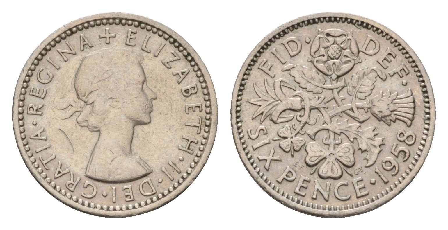 Великобритания 6 пенсов 1958 Елизавета II (1952-2022) KM 903, Spink 4149 медно-никель 4627-1063