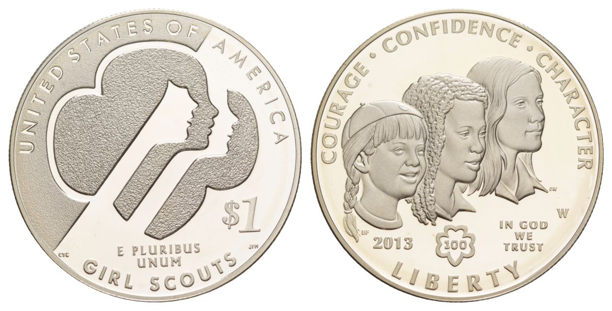США 1 доллар 2013 W, 100 лет движению девочек-скаутов в США KM 552 серебро PROOF 11-326-35