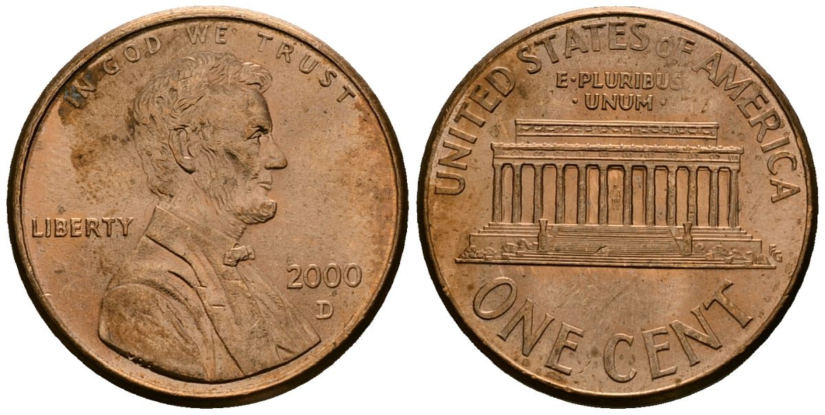 США 1 цент 2000 D, Линкольн KM 201b цинк плакированный медью 4136-366