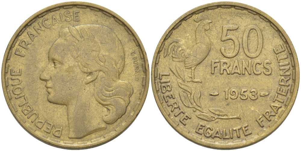 ФРАНЦИЯ 50 ФРАНКОВ 1953 ПЕТУХ KM 918.1, LE FRANC 425.10 алюминиевая бронза 111-1023