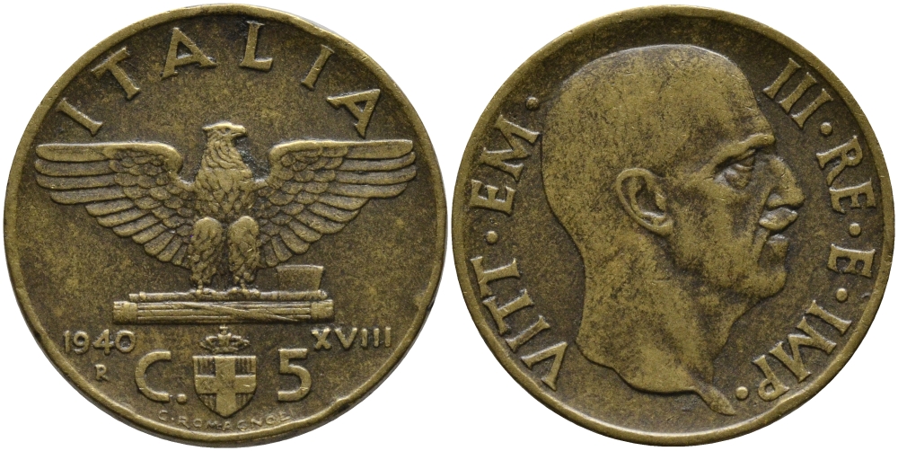 ИТАЛИЯ 5 ЧЕНТЕЗИМО 1940 R, ВИКТОР ИМАНУИЛ, VIII ГОД KM 73а алюминиевая бронза 75-1163