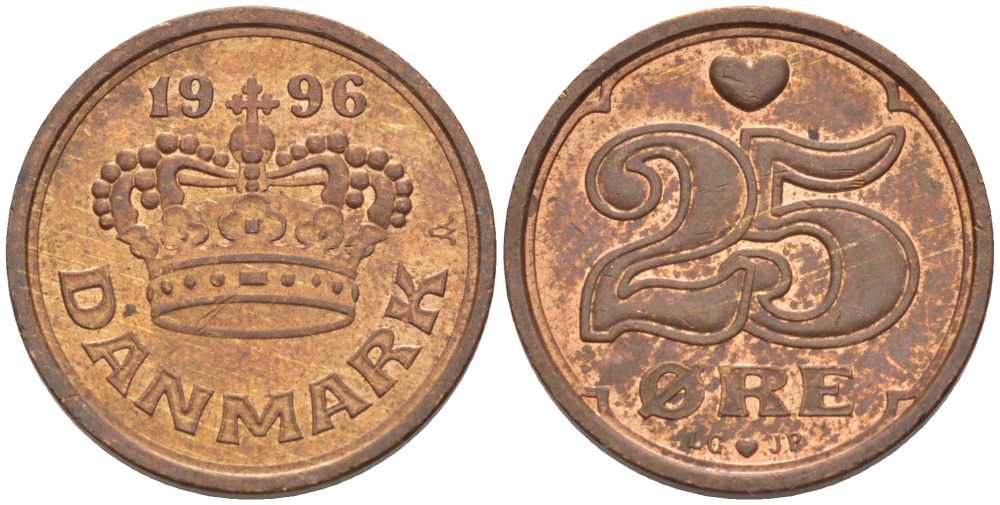 ДАНИЯ 25 ЭРЕ 1996 LG; JP; A, МАРГРЕТЕ II (1972-) KM 868.1 бронза 100-663