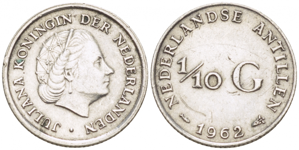 Нидерландские Антилы 1/10 гульдена 1962 Юлиана (1948-1980) KM 3 серебро 112-1057