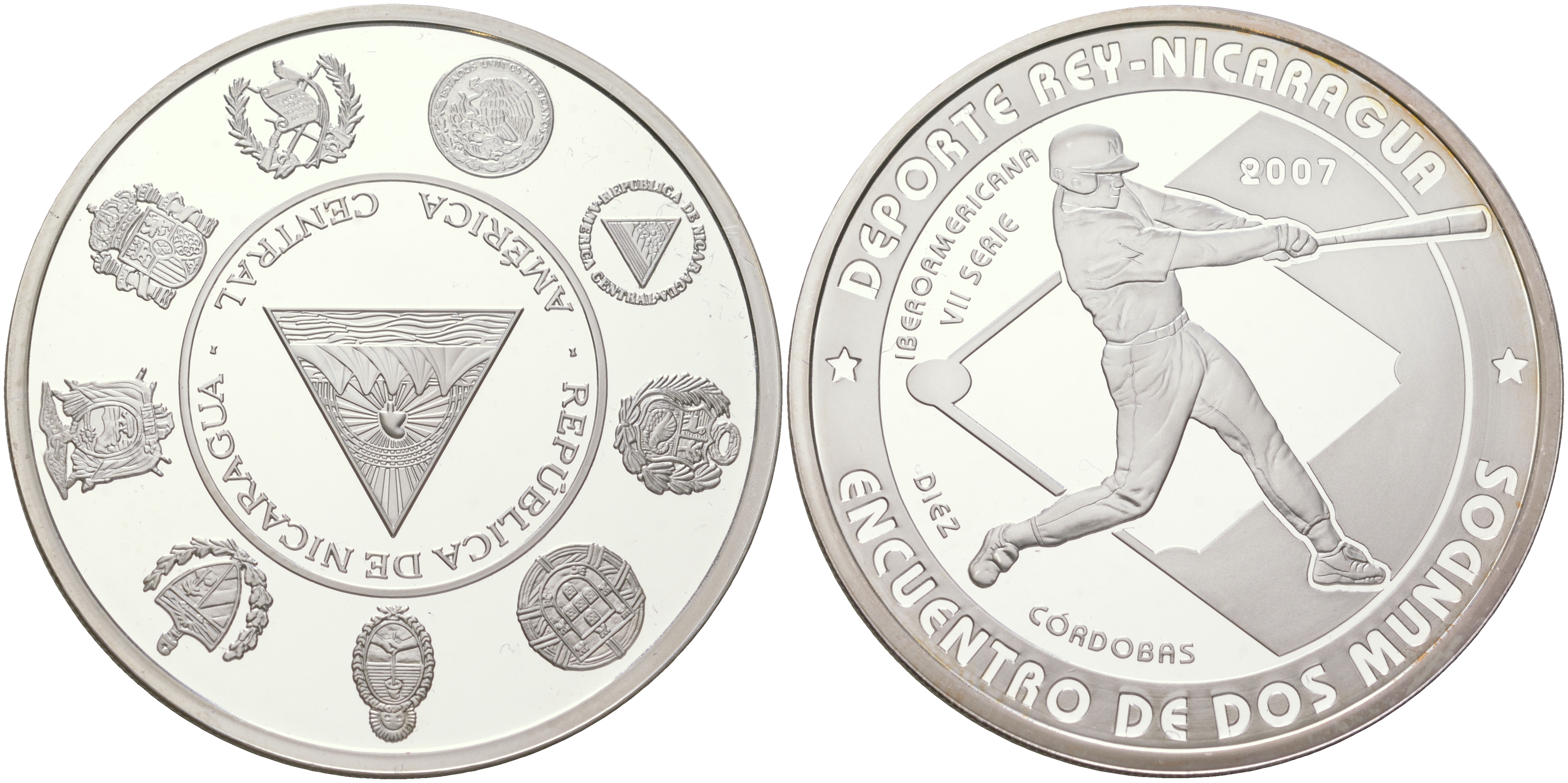 Никарагуа 10 кордоба 2007 VII Иберо-Американские игры, бейсбол KM 107 серебро  PROOF  1091-7-21