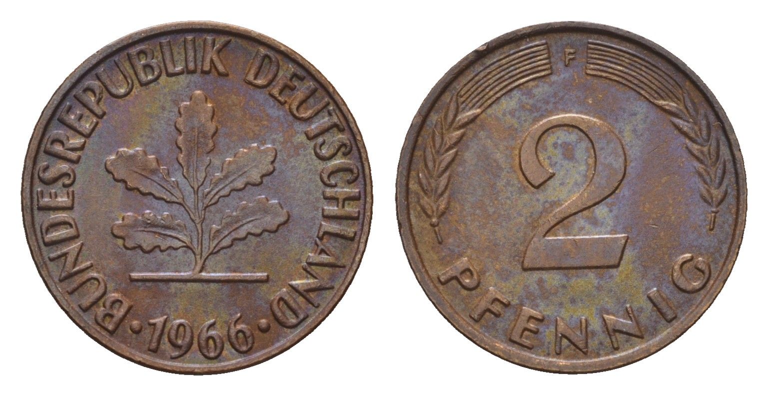 ФРГ 2 пфеннига 1966 F KM 106, J. 381 бронза 3458-669