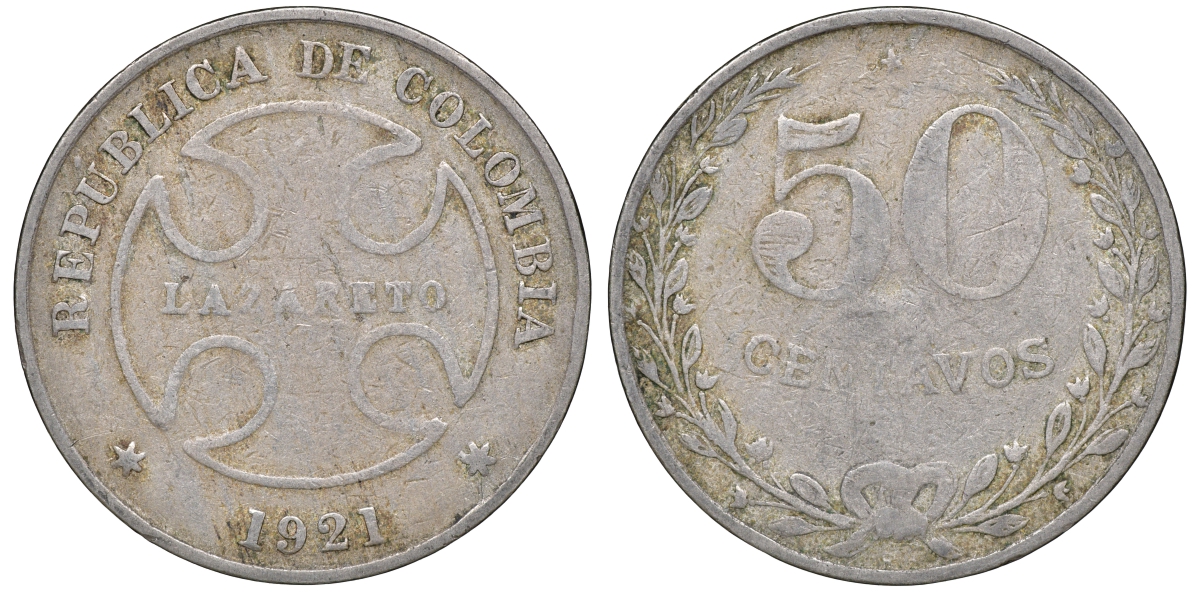 Колумбия 50 сентаво 1921 государственный лепрозорий KM L13 медно-никель 53-945