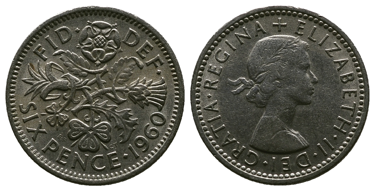 Великобритания 6 пенсов 1960 Елизавета II (1952-2022) KM 903, Spink 4149 медно-никель 4381-727