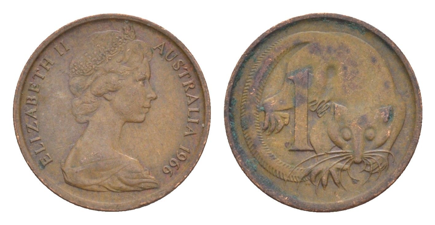 Австралия 1 цент 1966 Елизавета II (1952-2022), молодой портрет, опоссум KM 62 бронза 4585-113