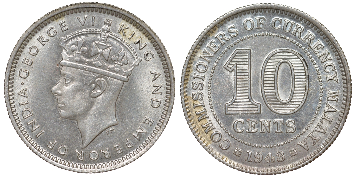 Британская Малайя 10 центов 1943 Георг VI (1937-1952) KM 4a серебро 53-258