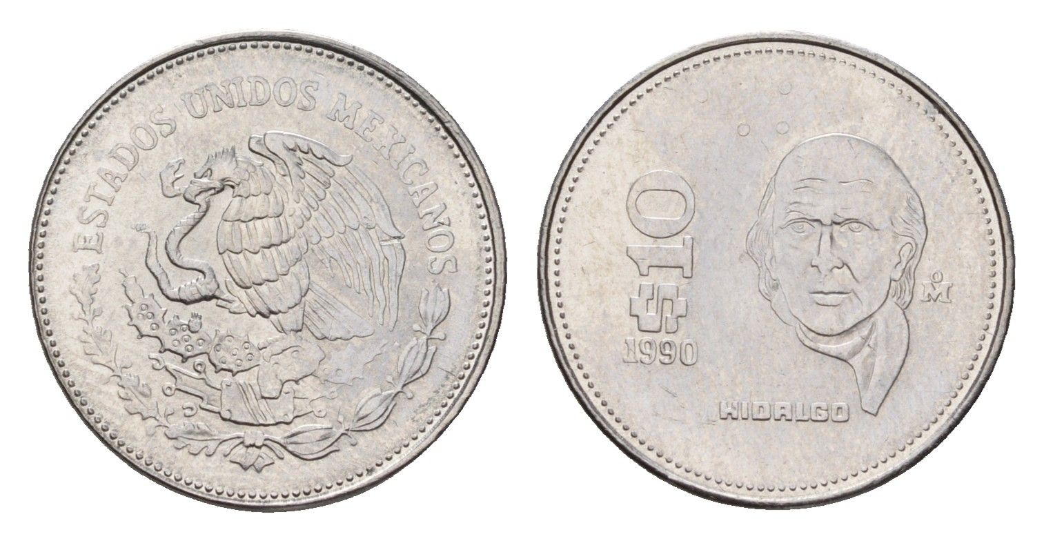 Мексика 10 песо 1990 KM 512 нержавеющая сталь UNC 4596-158